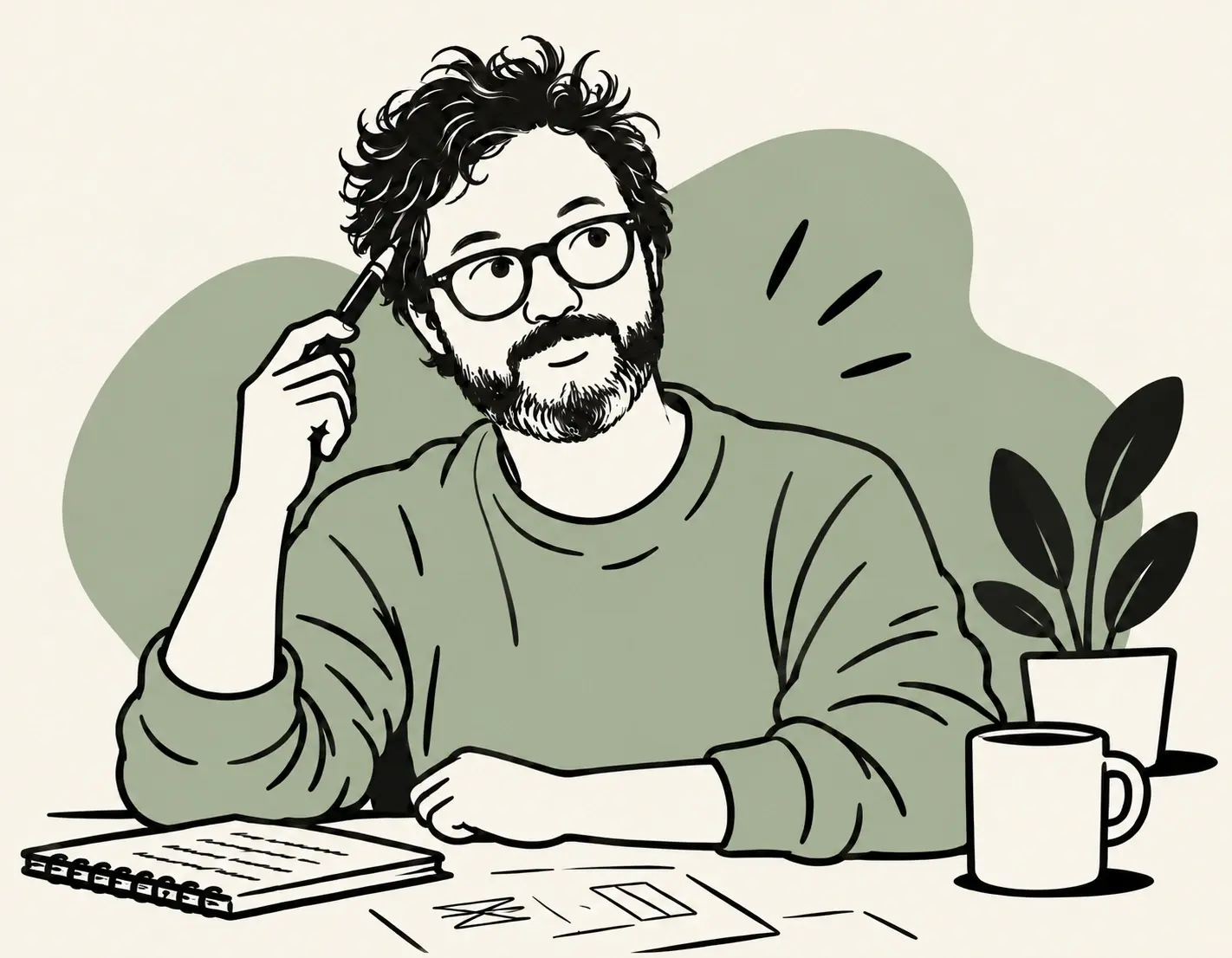 An ink illustration of the maker at his desk, thinking with a pen, surrounded by a notebook, mug, and plant.
